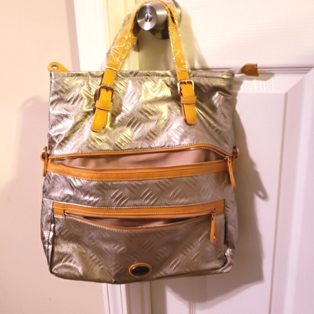 Bella Tote large Capacity Bag Silver & muster yellow